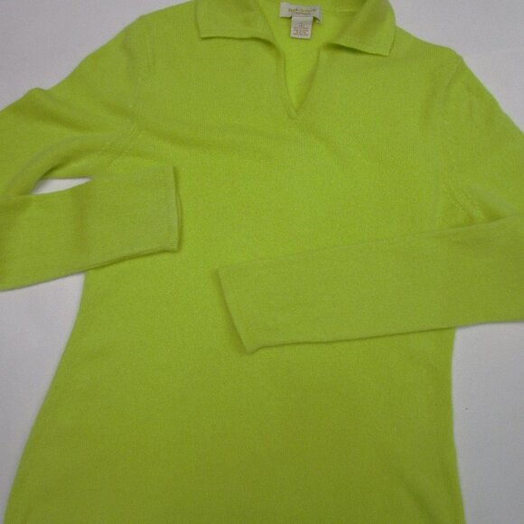 Chartreuse CASHMERE Pullover Sweater V Neck Polo Cuddly Knit Luxury - Picture 5 of 14